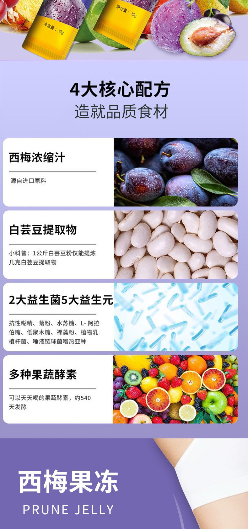 西梅益生元复合果蔬酵素果冻工厂定制 膳食纤维益生菌果味果冻OEM